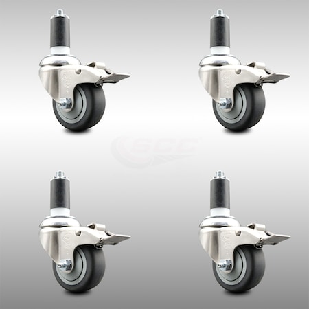 Service Caster 3.5 Inch 316SS Thermoplastic Rubber Swivel 1-1/4 Inch Stem Caster Set Lock Brake SCC-SS316TTLEX20S3514-TPRB-114-4
